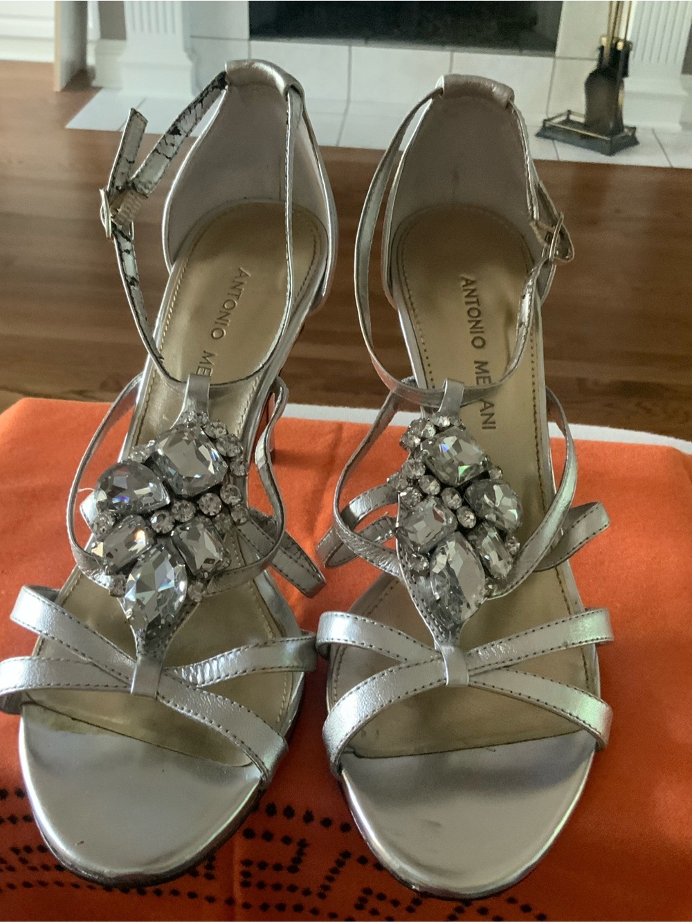 ANTONIO MELANI Silver Jeweled Strappy Heels